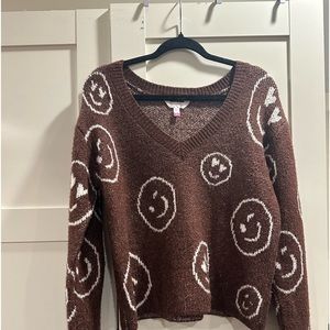 Brown Smiley Face Print Sweater. Cropped. Size medium women’s.